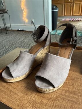 Big Buddha Taupe Suede-Look Cork Wedge Sandals with Ankle Strap